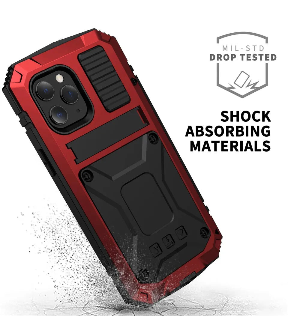 Rugged iPhone Case — Heavy-Duty Aluminum Metal Armor Cover with Tempered Glass Screen, Shockproof IP54 Water-Resistant Full-Body Protection and Kickstand