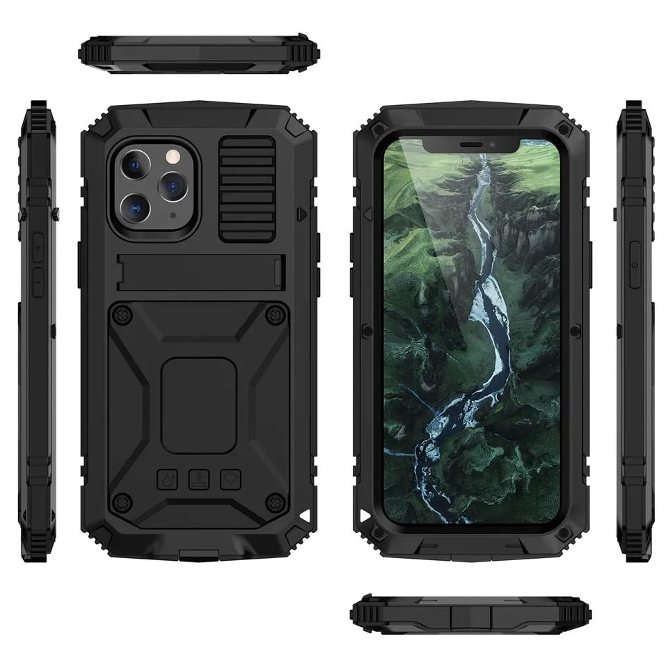 Rugged iPhone Case — Heavy-Duty Aluminum Metal Armor Cover with Tempered Glass Screen, Shockproof IP54 Water-Resistant Full-Body Protection and Kickstand