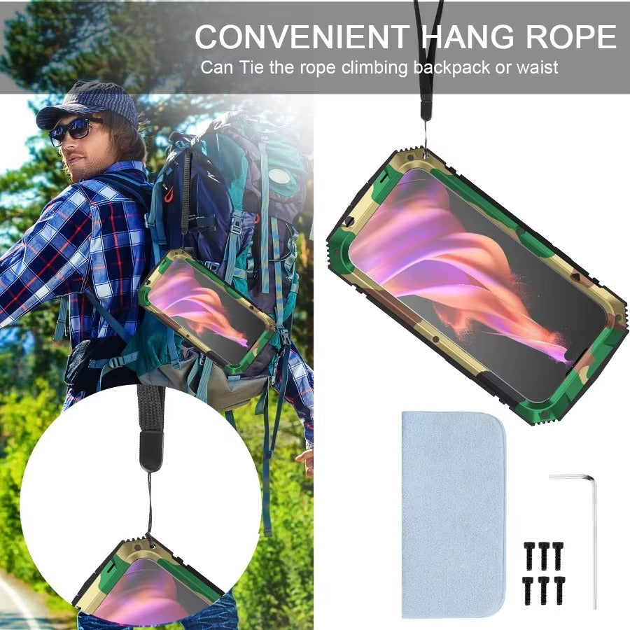 Rugged iPhone Case — Heavy-Duty Aluminum Metal Armor Cover with Tempered Glass Screen, Shockproof IP54 Water-Resistant Full-Body Protection and Kickstand