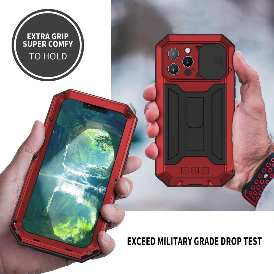 Rugged iPhone Case — Heavy-Duty Aluminum Metal Cover with Built-In Tempered Glass Screen Protector, Military-Grade Shockproof Design and Dustproof Anti-Fingerprint Protection