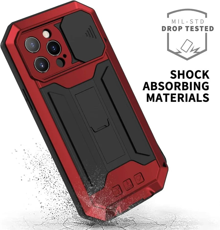 Rugged iPhone Case — Heavy-Duty Aluminum Metal Cover with Built-In Tempered Glass Screen Protector, Military-Grade Shockproof Design and Dustproof Anti-Fingerprint Protection