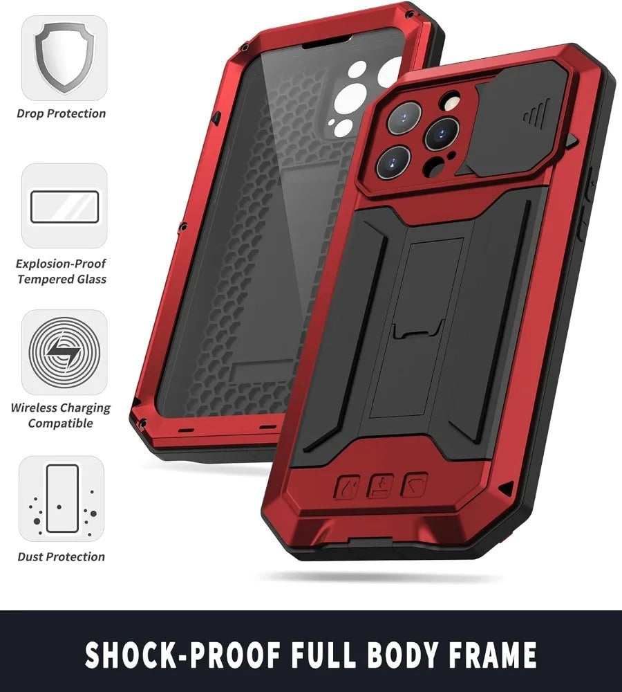 Rugged iPhone Case — Heavy-Duty Aluminum Metal Cover with Built-In Tempered Glass Screen Protector, Military-Grade Shockproof Design and Dustproof Anti-Fingerprint Protection