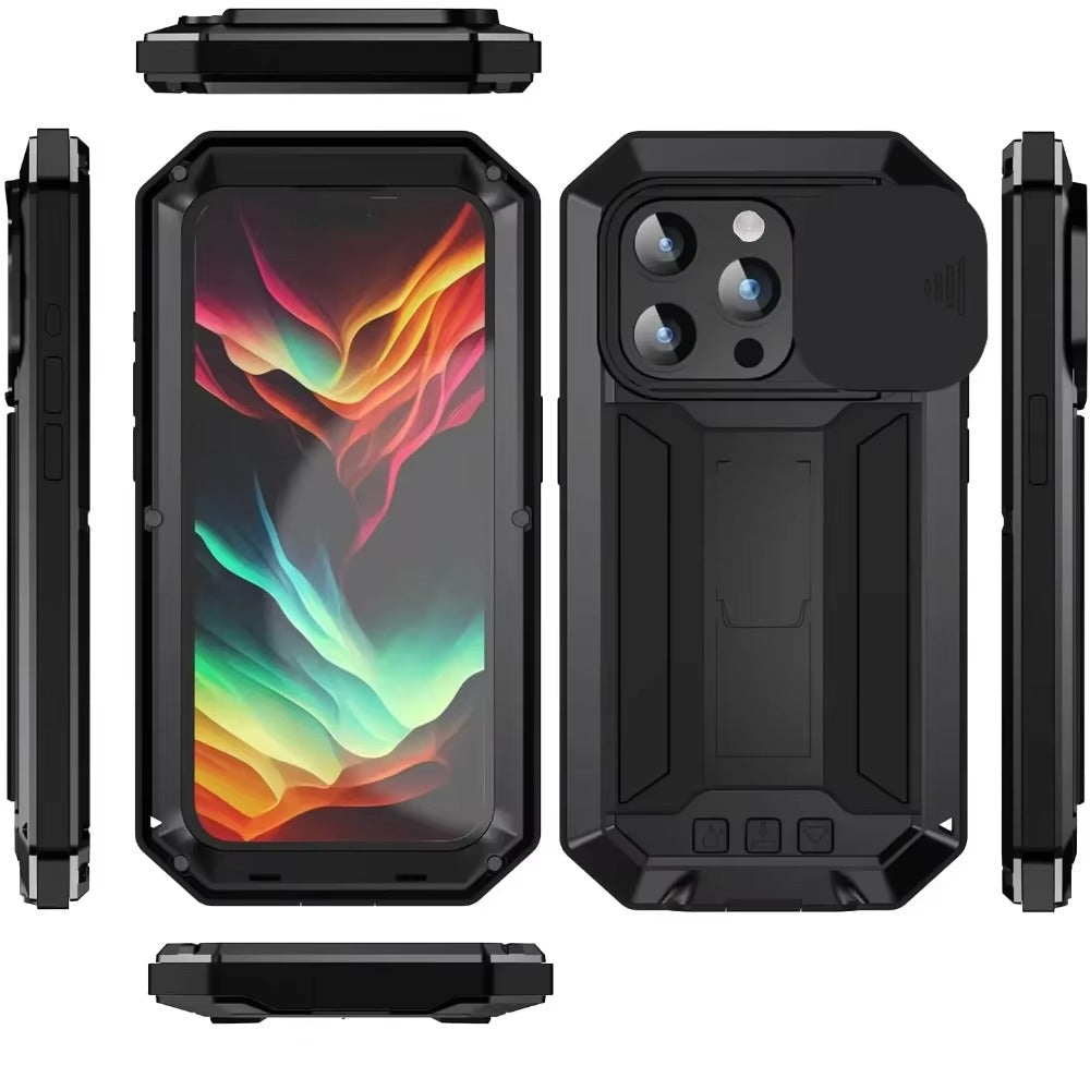 Rugged iPhone Case — Heavy-Duty Aluminum Metal Cover with Built-In Tempered Glass Screen Protector, Military-Grade Shockproof Design and Dustproof Anti-Fingerprint Protection