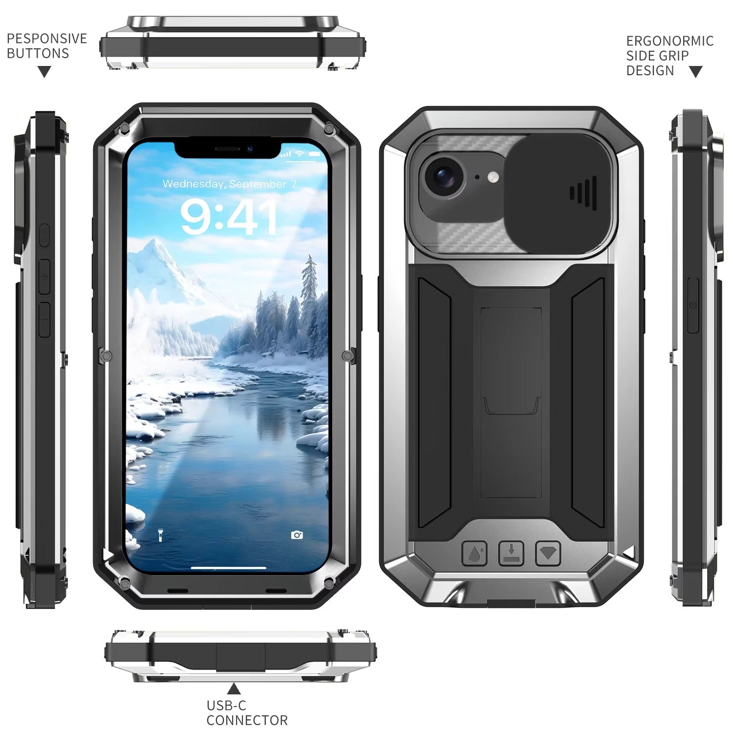 Rugged iPhone Case — Heavy-Duty Aluminum Metal Cover with Built-In Tempered Glass Screen Protector, Military-Grade Shockproof Design and Dustproof Anti-Fingerprint Protection