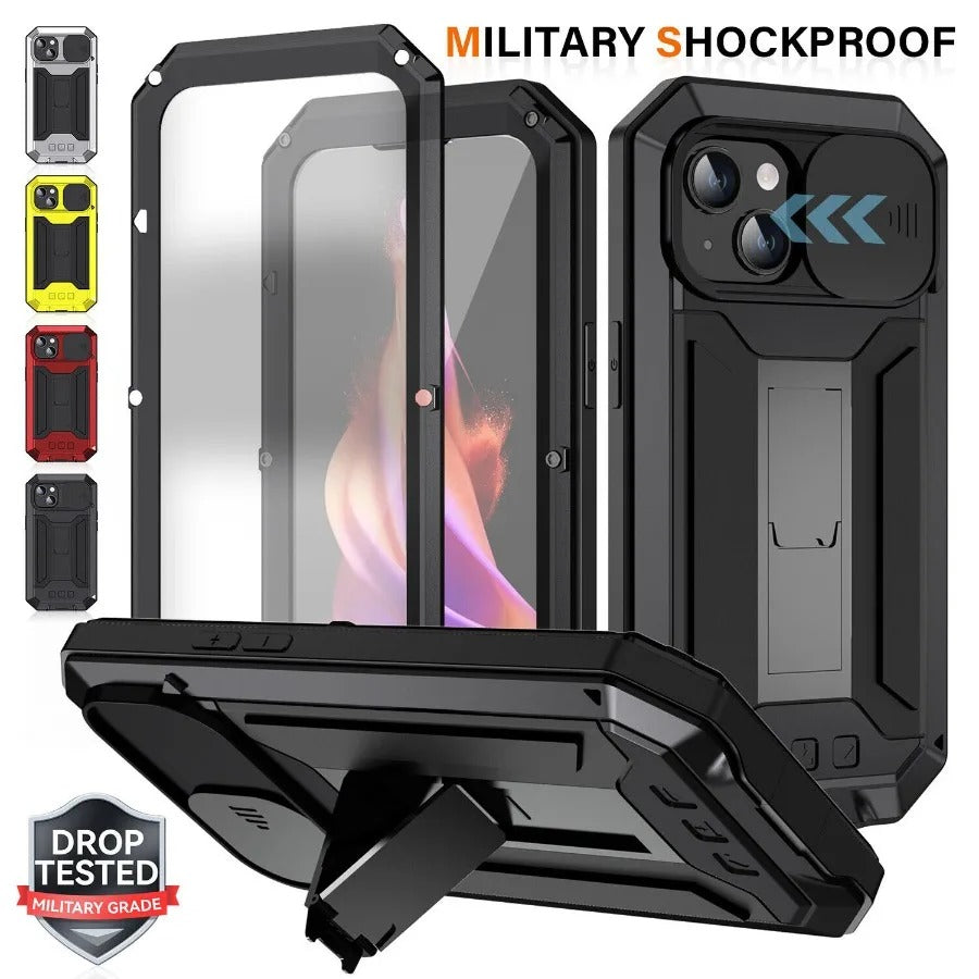 Rugged iPhone Case — Heavy-Duty Aluminum Metal Full-Body Cover with Tempered Glass Screen & Lens Slider, Shockproof Dual-Layer Protection and Multi-Angle Kickstand