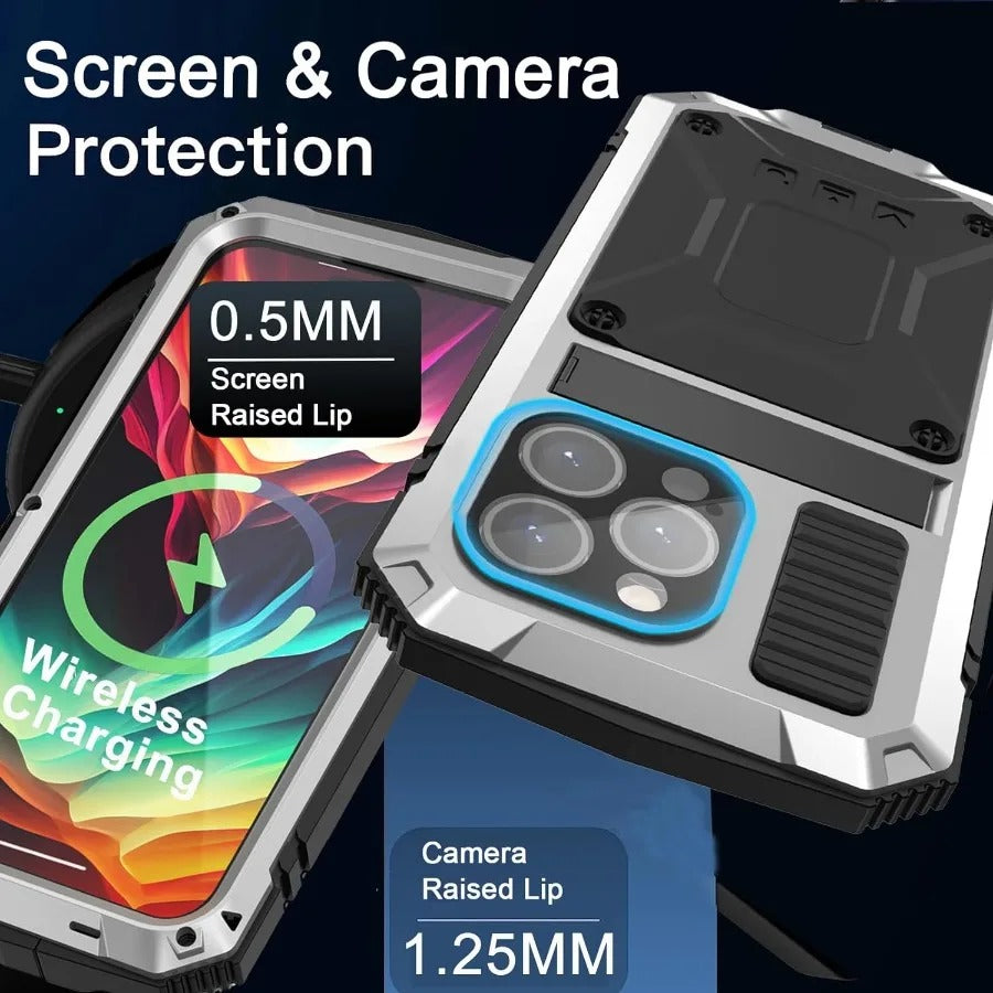 Rugged iPhone Case — Heavy-Duty Aluminum Metal Full-Body Cover with Tempered Glass Screen & Lens Slider, Shockproof Dual-Layer Protection and Multi-Angle Kickstand