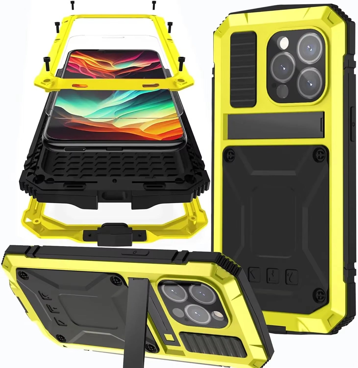 Rugged iPhone Case — Heavy-Duty Aluminum Metal Full-Body Cover with Tempered Glass Screen & Lens Slider, Shockproof Dual-Layer Protection and Multi-Angle Kickstand