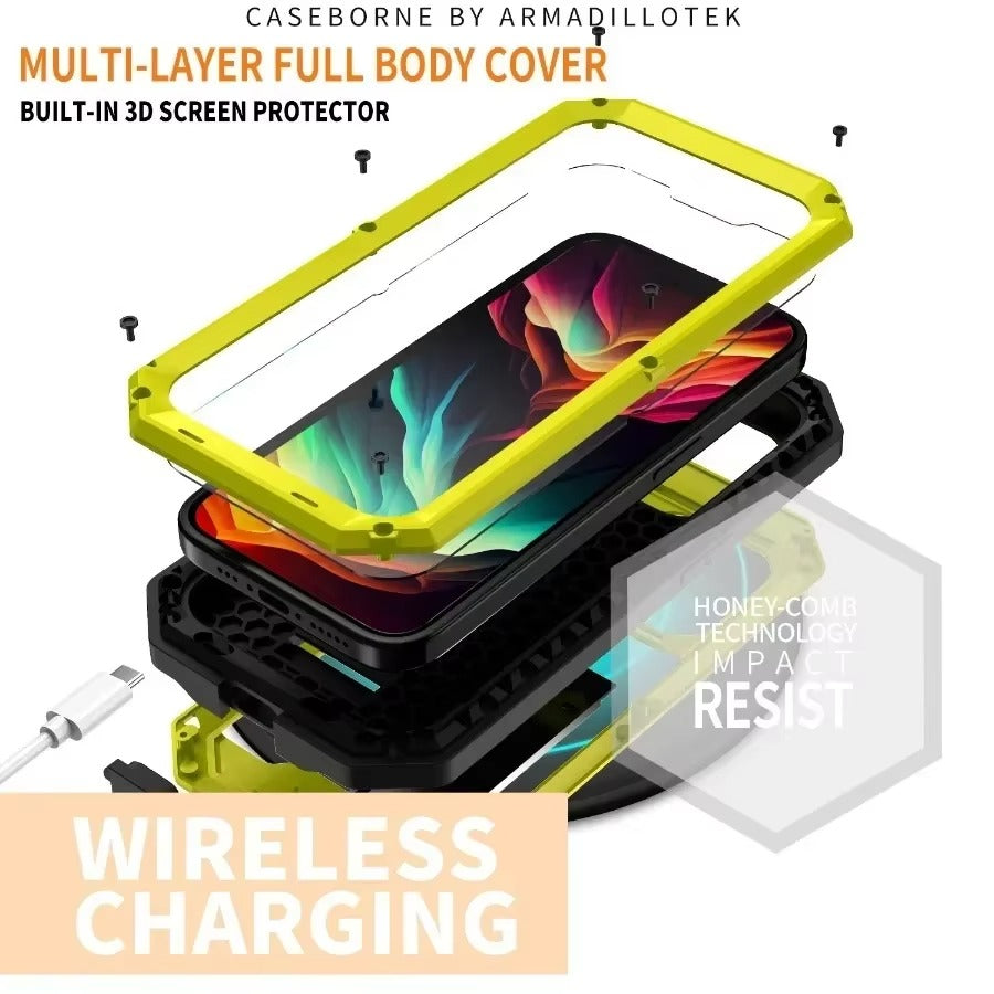 Rugged iPhone Case — Heavy-Duty Aluminum Metal Full-Body Cover with Tempered Glass Screen & Lens Slider, Shockproof Dual-Layer Protection and Multi-Angle Kickstand