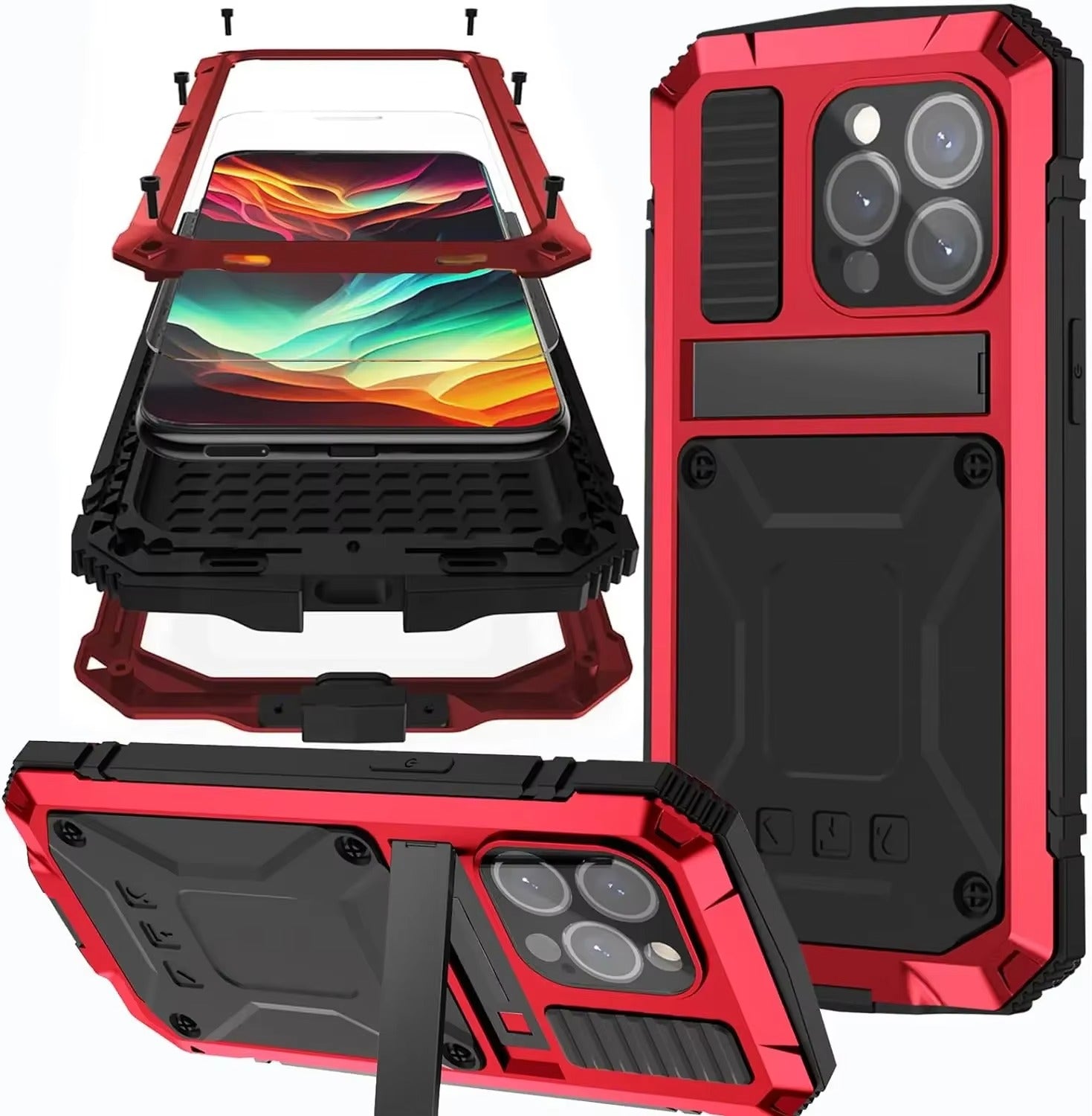 Rugged iPhone Case — Heavy-Duty Aluminum Metal Full-Body Cover with Tempered Glass Screen & Lens Slider, Shockproof Dual-Layer Protection and Multi-Angle Kickstand