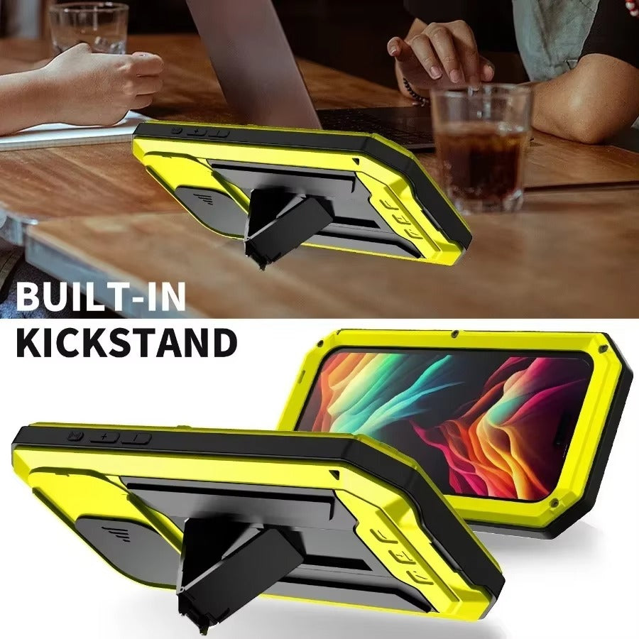 Rugged iPhone Case — Heavy-Duty Aluminum Metal Full-Body Cover with Tempered Glass Screen & Lens Slider, Shockproof Dual-Layer Protection and Multi-Angle Kickstand