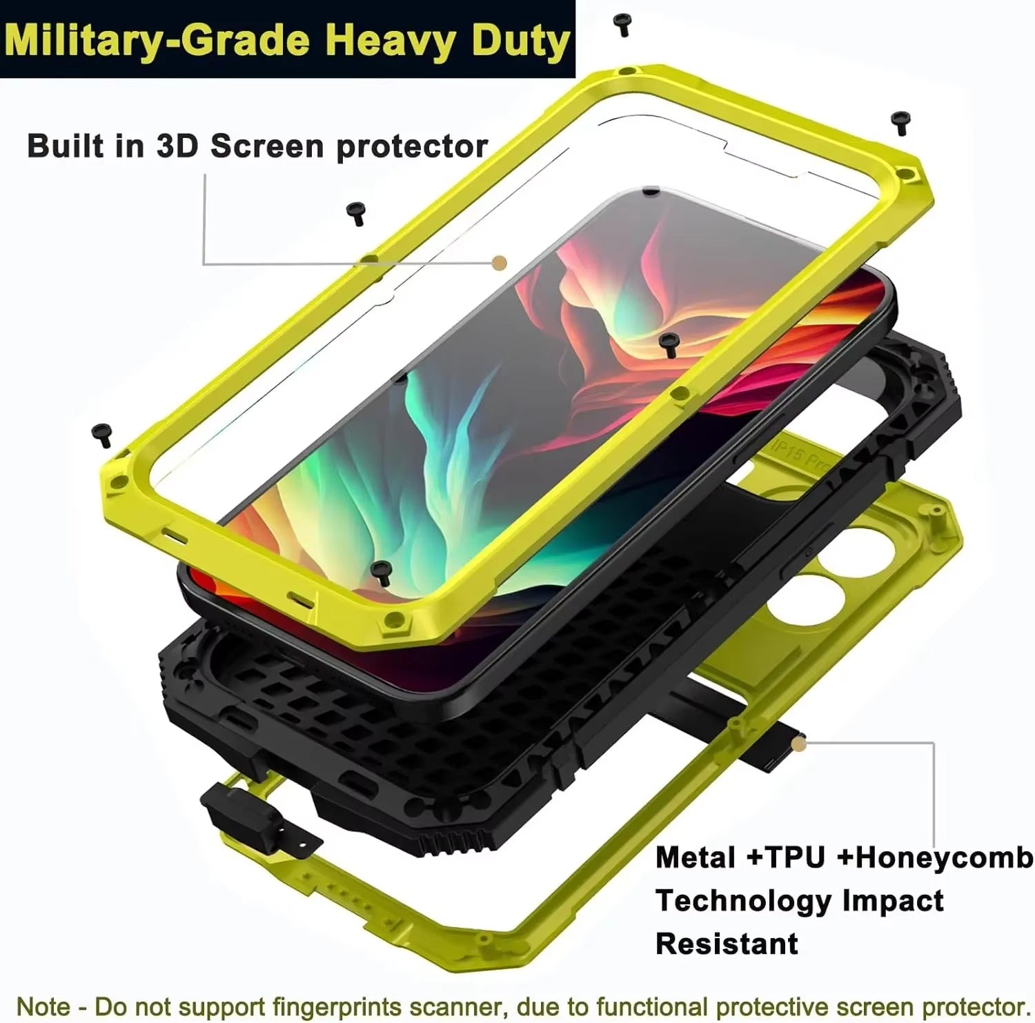 Rugged iPhone Case — Heavy-Duty Aluminum Metal Full-Body Cover with Tempered Glass Screen & Lens Slider, Shockproof Dual-Layer Protection and Multi-Angle Kickstand