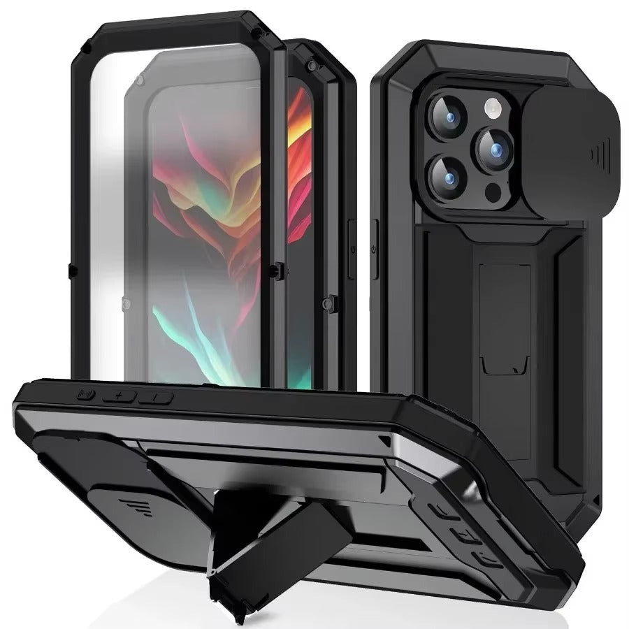 Rugged iPhone Case — Heavy-Duty Aluminum Metal Full-Body Cover with Tempered Glass Screen & Lens Slider, Shockproof Dual-Layer Protection and Multi-Angle Kickstand