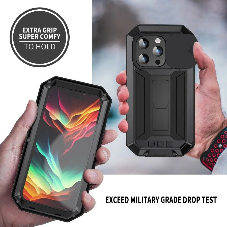 Rugged iPhone Case — Heavy-Duty Aluminum Metal Full-Body Cover with Tempered Glass Screen & Lens Slider, Shockproof Dual-Layer Protection and Multi-Angle Kickstand