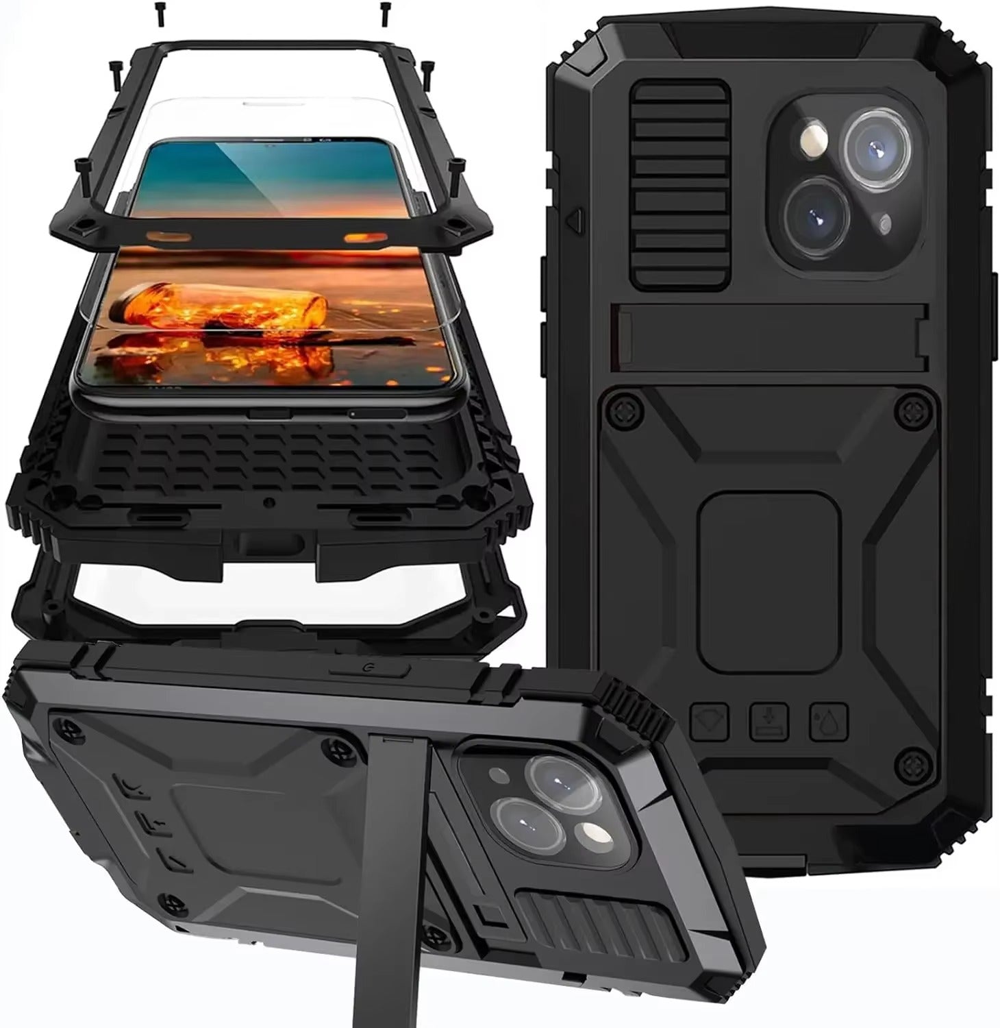 Rugged iPhone Case — Heavy-Duty Aluminum Metal Full-Body Cover with Tempered Glass Screen & Lens Slider, Shockproof Dual-Layer Protection and Multi-Angle Kickstand