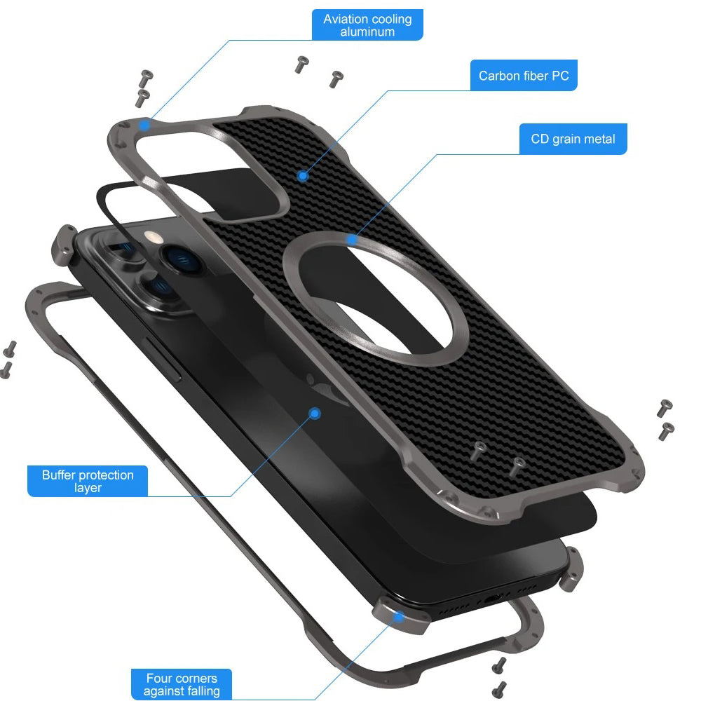 Rugged iPhone Case — Heavy-Duty Aluminum + Carbon Fiber Bumper Cover with Shockproof Design, Magnetic Heat-Dissipation Build and Lens Protector