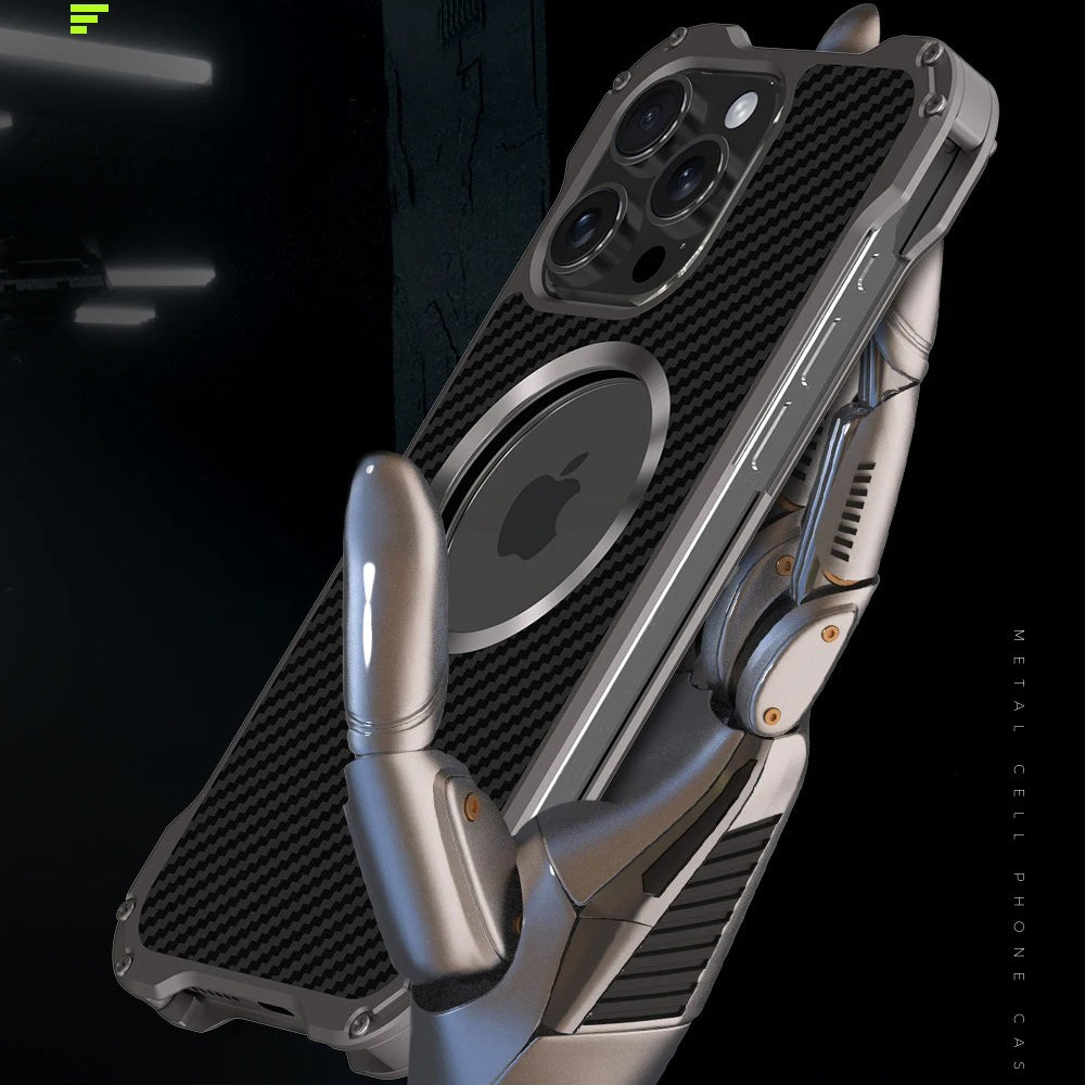 Rugged iPhone Case — Heavy-Duty Aluminum + Carbon Fiber Bumper Cover with Shockproof Design, Magnetic Heat-Dissipation Build and Lens Protector