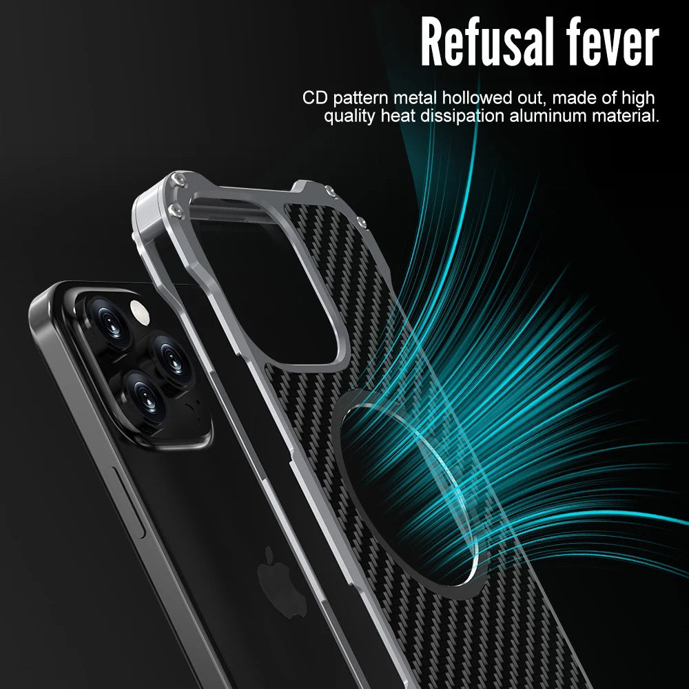 Rugged iPhone Case — Heavy-Duty Aluminum + Carbon Fiber Bumper Cover with Shockproof Design, Magnetic Heat-Dissipation Build and Lens Protector