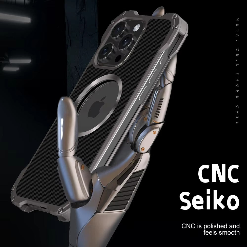 Rugged iPhone Case — Heavy-Duty Aluminum + Carbon Fiber Bumper Cover with Shockproof Design, Magnetic Heat-Dissipation Build and Lens Protector