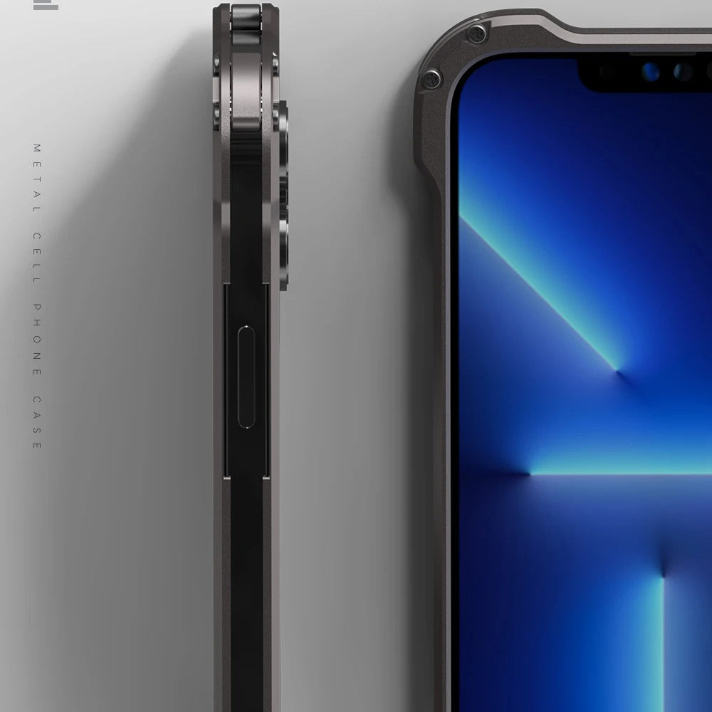 Rugged iPhone Case — Heavy-Duty Aluminum + Carbon Fiber Bumper Cover with Shockproof Design, Magnetic Heat-Dissipation Build and Lens Protector