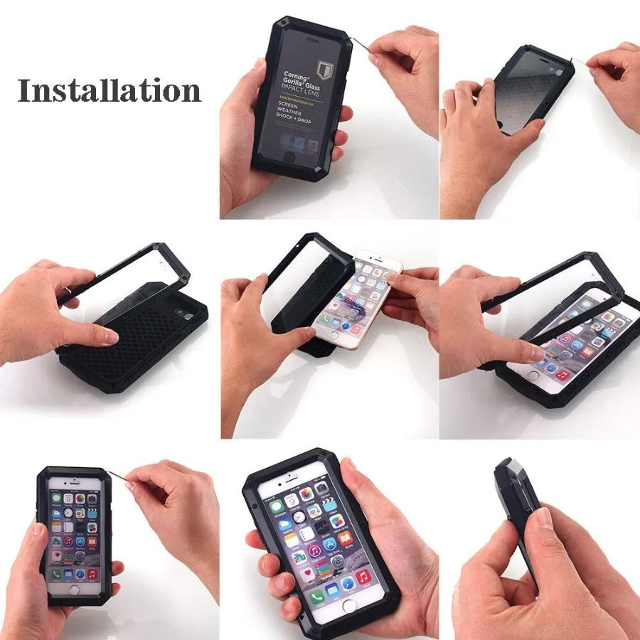 Rugged iPhone Case — Heavy-Duty Metal Aluminum Armor Cover with Tempered Glass, Shockproof Dual-Layer Protection, Non-Slip Outdoor Military Design