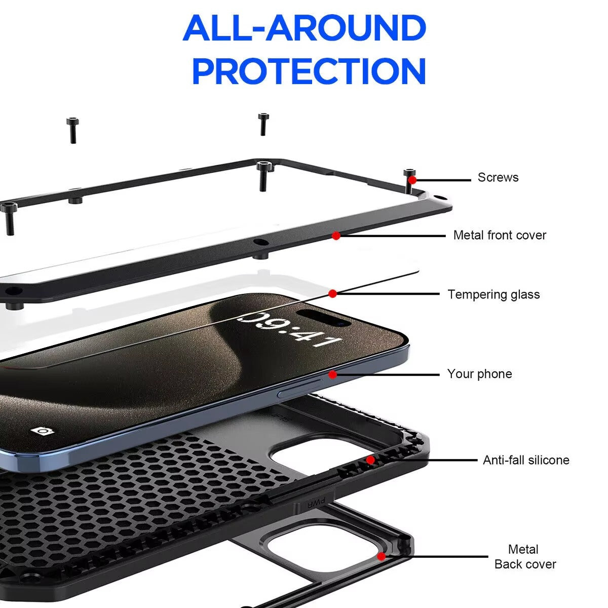 Rugged iPhone Case — Heavy-Duty Metal Aluminum Armor Cover with Tempered Glass, Shockproof Dual-Layer Protection, Non-Slip Outdoor Military Design