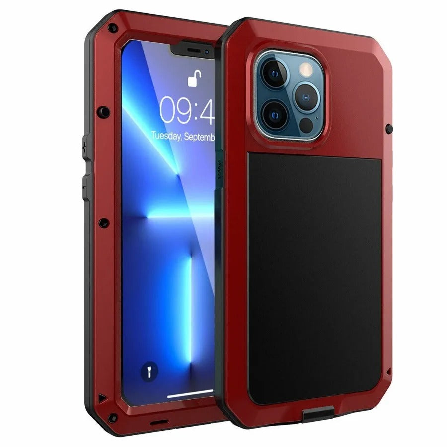 Rugged iPhone Case — Heavy-Duty Metal Aluminum Armor Cover with Tempered Glass, Shockproof Dual-Layer Protection, Non-Slip Outdoor Military Design