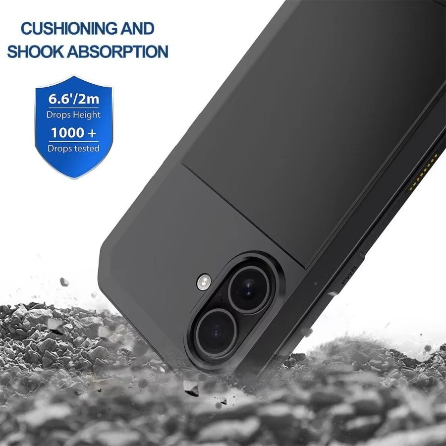 Rugged iPhone Case — Heavy-Duty Metal Aluminum Armor Cover with Tempered Glass, Shockproof Dual-Layer Protection, Non-Slip Outdoor Military Design