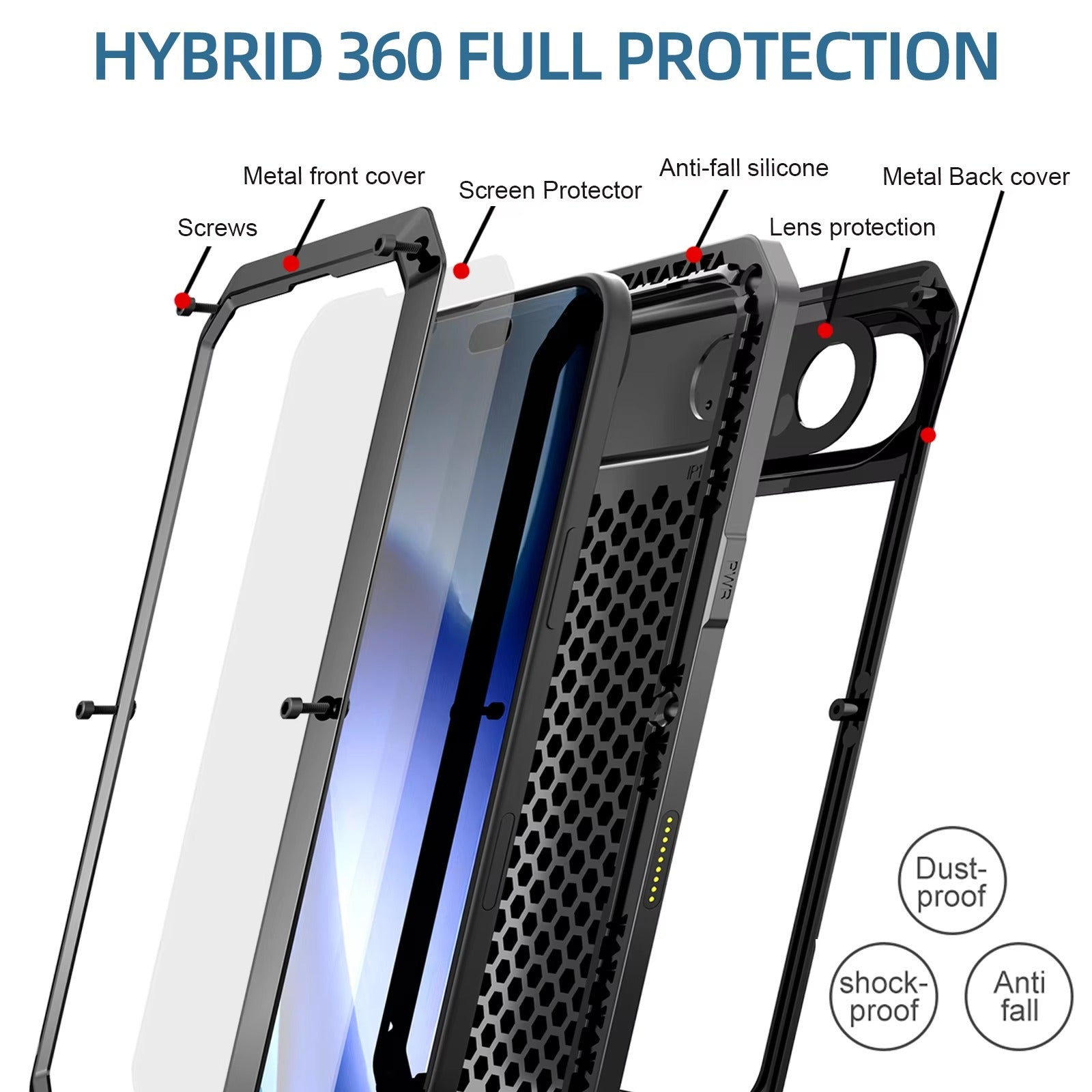 Rugged iPhone Case — Heavy-Duty Metal Protective Cover with Built-In Glass Screen Protector and Tough Shockproof TPU+PC Design