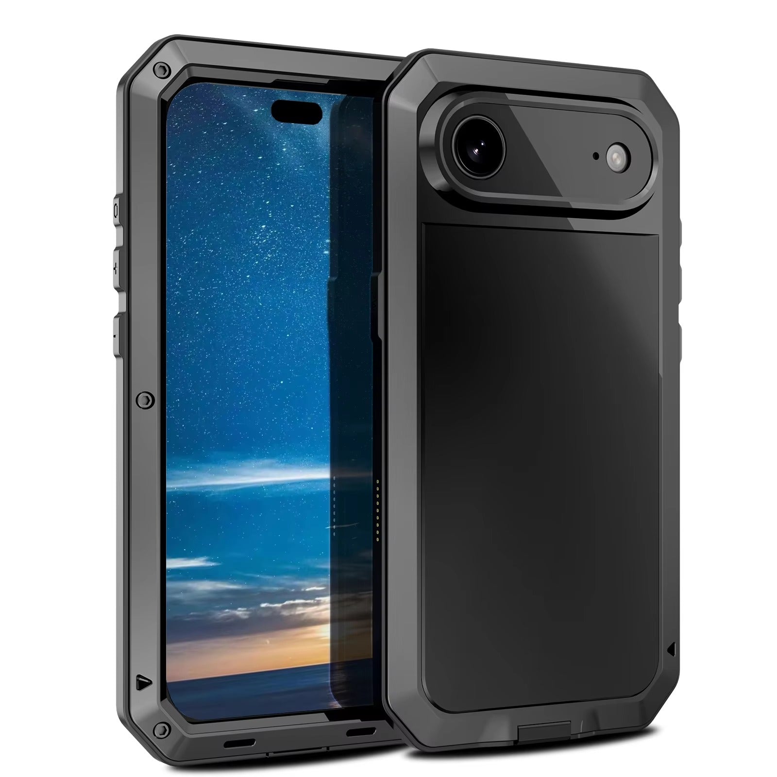 Rugged iPhone Case — Heavy-Duty Metal Protective Cover with Built-In Glass Screen Protector and Tough Shockproof TPU+PC Design