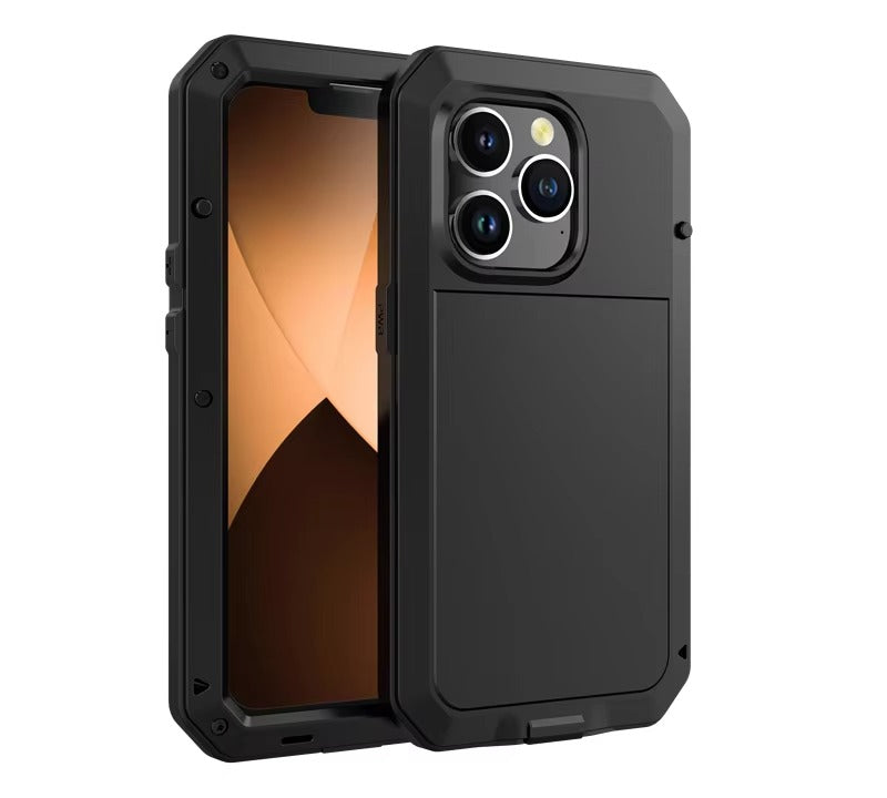 Rugged iPhone Case — Heavy-Duty Metal Tank Armor Cover with Shockproof Waterproof Design, Screen Film Protection and Anti-Fingerprint Non-Slip Finish