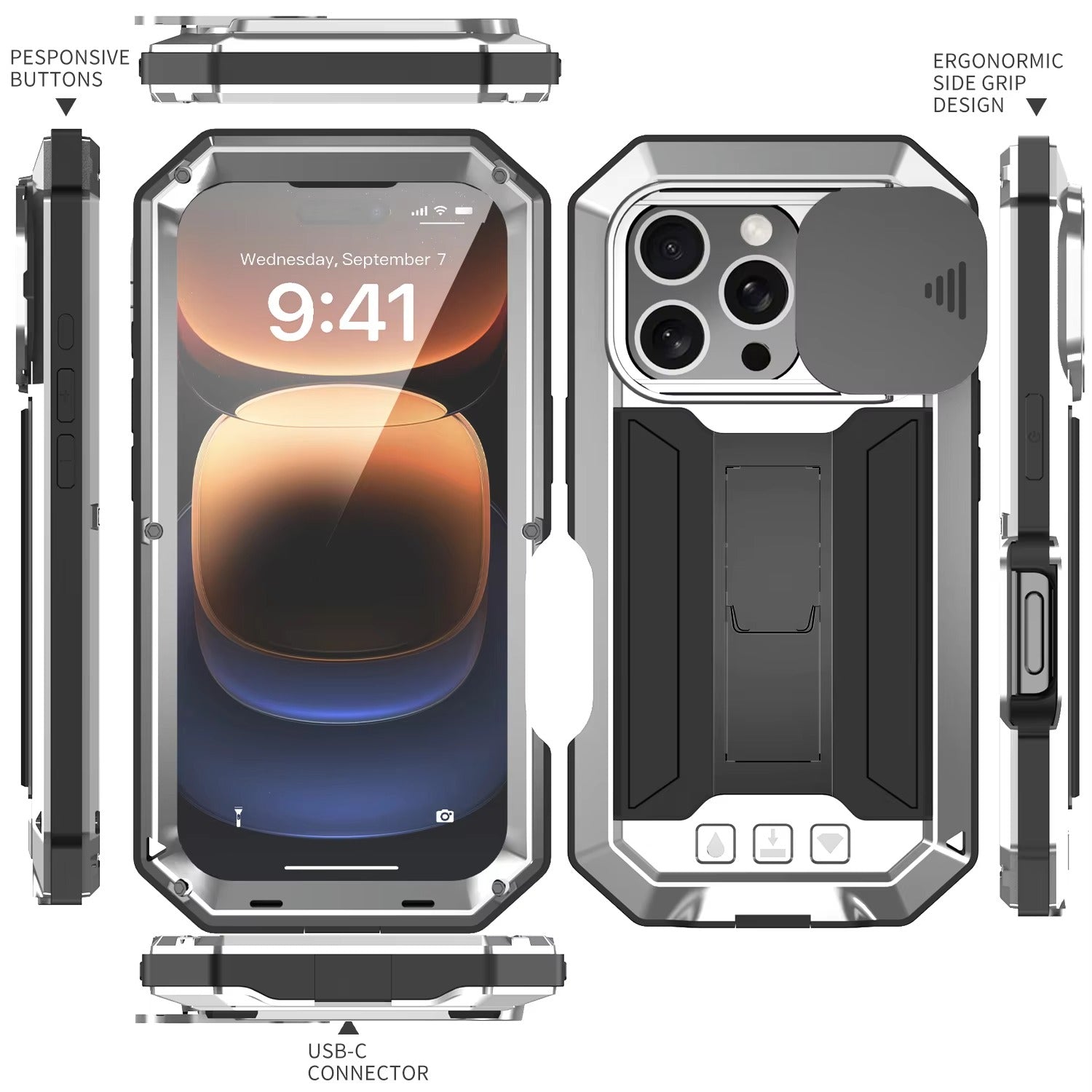 Rugged iPhone Case — Heavy-Duty Metal + Silicone Military Cover with Slide Camera Protector, Full-Body Shockproof Design, Kickstand and Screen Protection