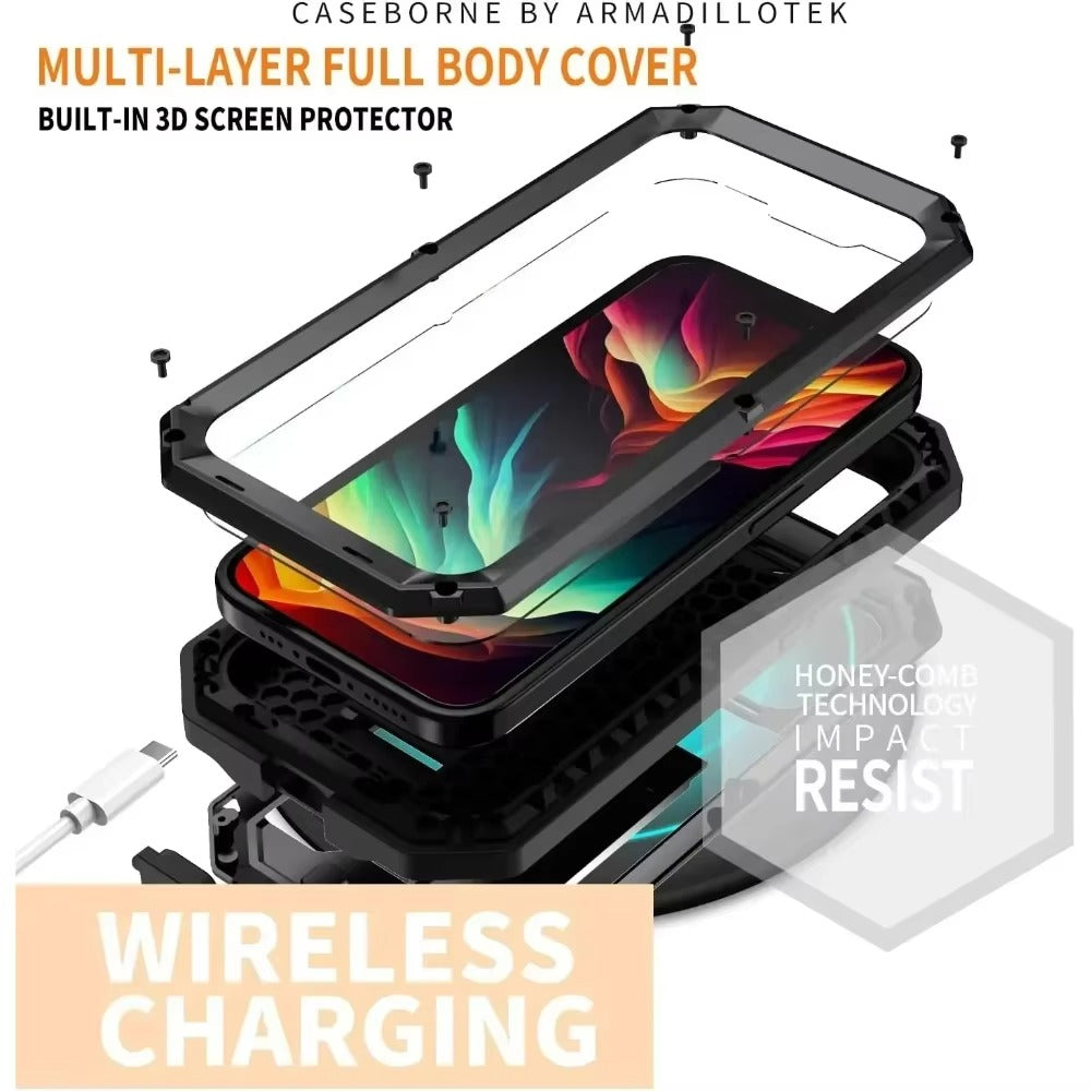 Rugged iPhone Case — Heavy-Duty Metal + Silicone Military Cover with Slide Camera Protector, Full-Body Shockproof Design, Kickstand and Screen Protection