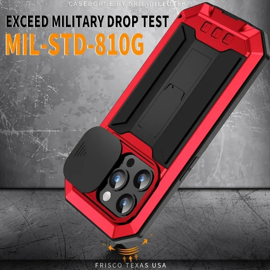 Rugged iPhone Case — Heavy-Duty Metal + Silicone Military Cover with Slide Camera Protector, Full-Body Shockproof Design, Kickstand and Screen Protection