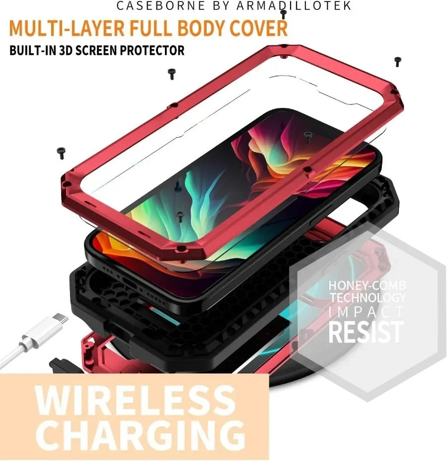 Rugged iPhone Case — Heavy-Duty Metal + Silicone Military Cover with Slide Camera Protector, Full-Body Shockproof Design, Kickstand and Screen Protection
