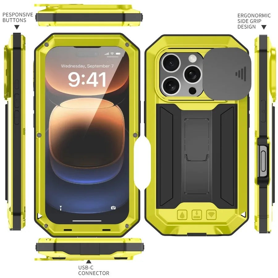 Rugged iPhone Case — Heavy-Duty Metal + Silicone Military Cover with Slide Camera Protector, Full-Body Shockproof Design, Kickstand and Screen Protection