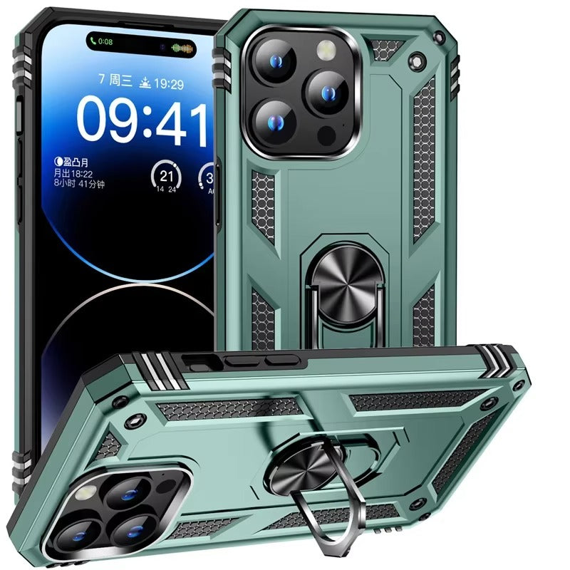 Rugged iPhone Case — Heavy-Duty PC+TPU Protective Cover with Metal Bracket Holder and Shockproof Anti-Fall Design
