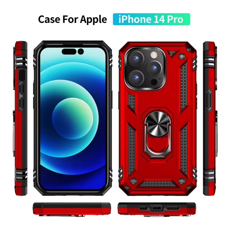 Rugged iPhone Case — Heavy-Duty PC+TPU Protective Cover with Metal Bracket Holder and Shockproof Anti-Fall Design