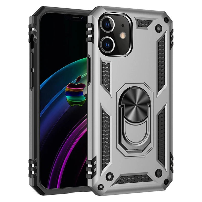 Rugged iPhone Case — Heavy-Duty PC+TPU Protective Cover with Metal Bracket Holder and Shockproof Anti-Fall Design