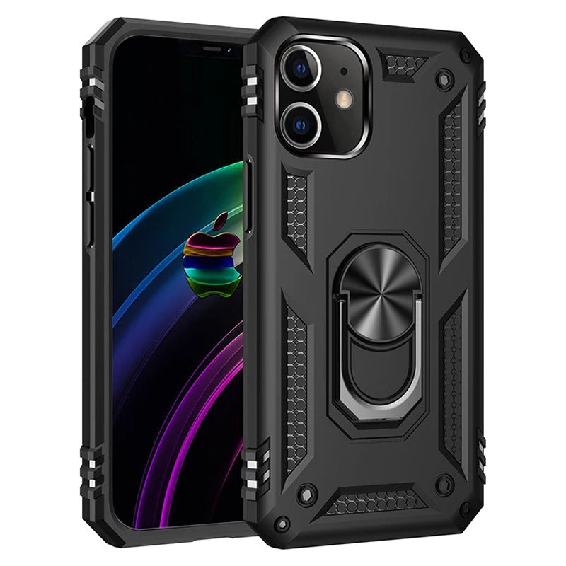 Rugged iPhone Case — Heavy-Duty PC+TPU Protective Cover with Metal Bracket Holder and Shockproof Anti-Fall Design