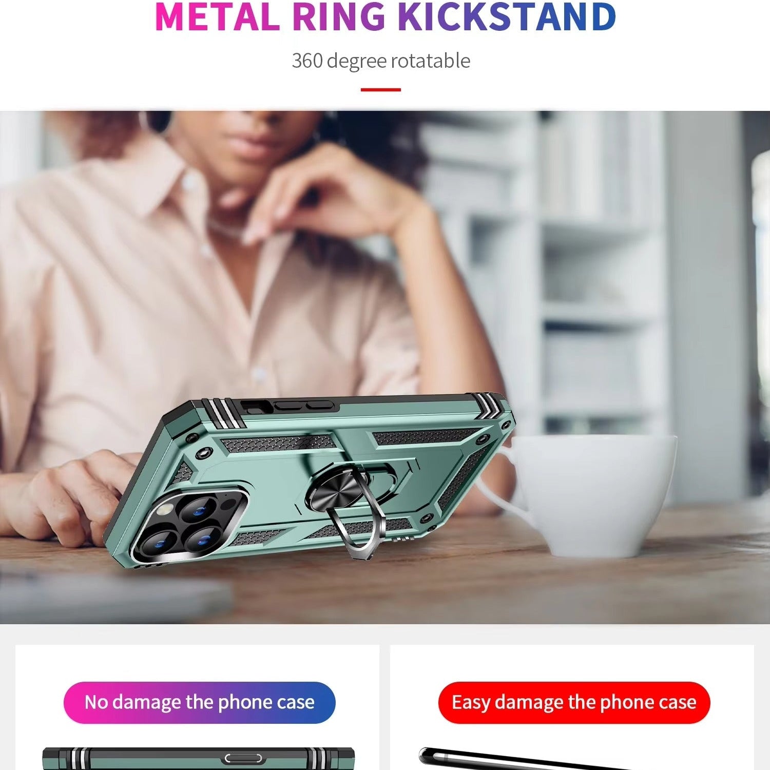 Rugged iPhone Case — Heavy-Duty PC+TPU Protective Cover with Metal Bracket Holder and Shockproof Anti-Fall Design