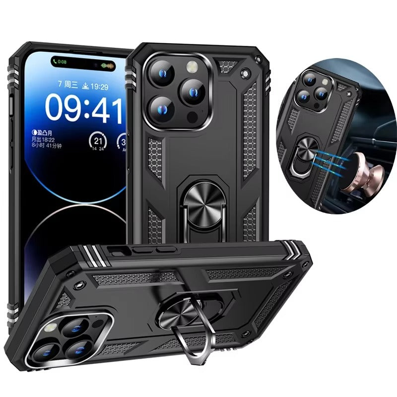 Rugged iPhone Case — Heavy-Duty PC+TPU Protective Cover with Metal Bracket Holder and Shockproof Anti-Fall Design