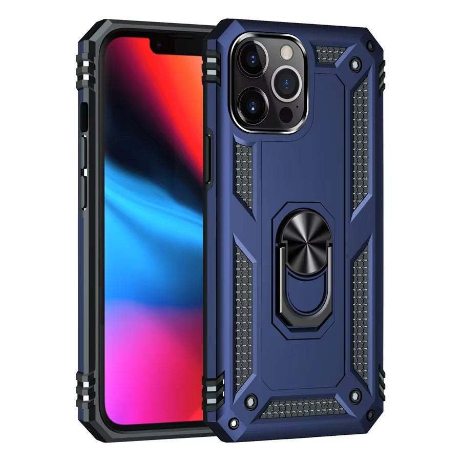Rugged iPhone Case — Heavy-Duty PC+TPU Protective Cover with Metal Bracket Holder and Shockproof Anti-Fall Design