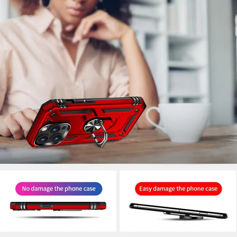 Rugged iPhone Case — Heavy-Duty PC+TPU Protective Cover with Metal Bracket Holder and Shockproof Anti-Fall Design