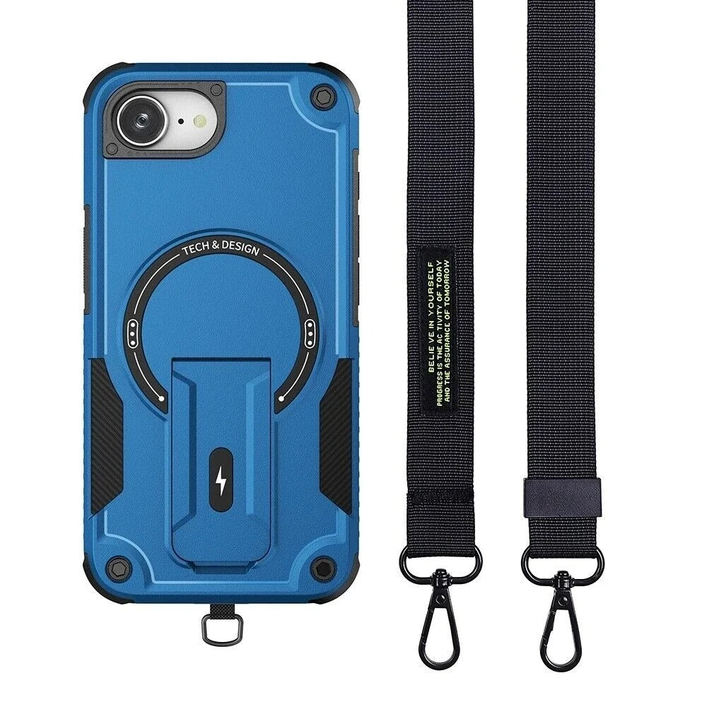 Rugged iPhone Case — Hybrid Shockproof Magnetic Cover with Kickstand, Adjustable Lanyard Strap and Dual-Layer Hard PC Protection