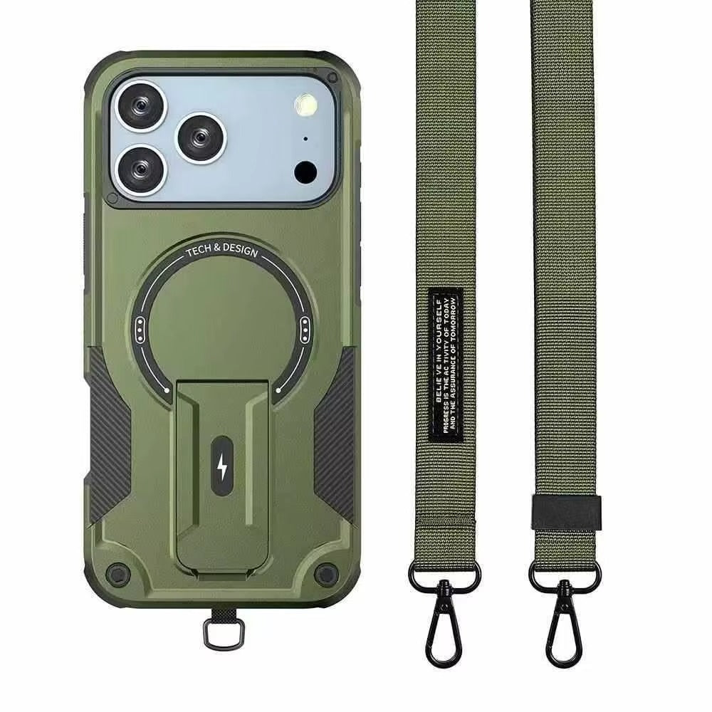 Rugged iPhone Case — Hybrid Shockproof Magnetic Cover with Kickstand, Adjustable Lanyard Strap and Dual-Layer Hard PC Protection