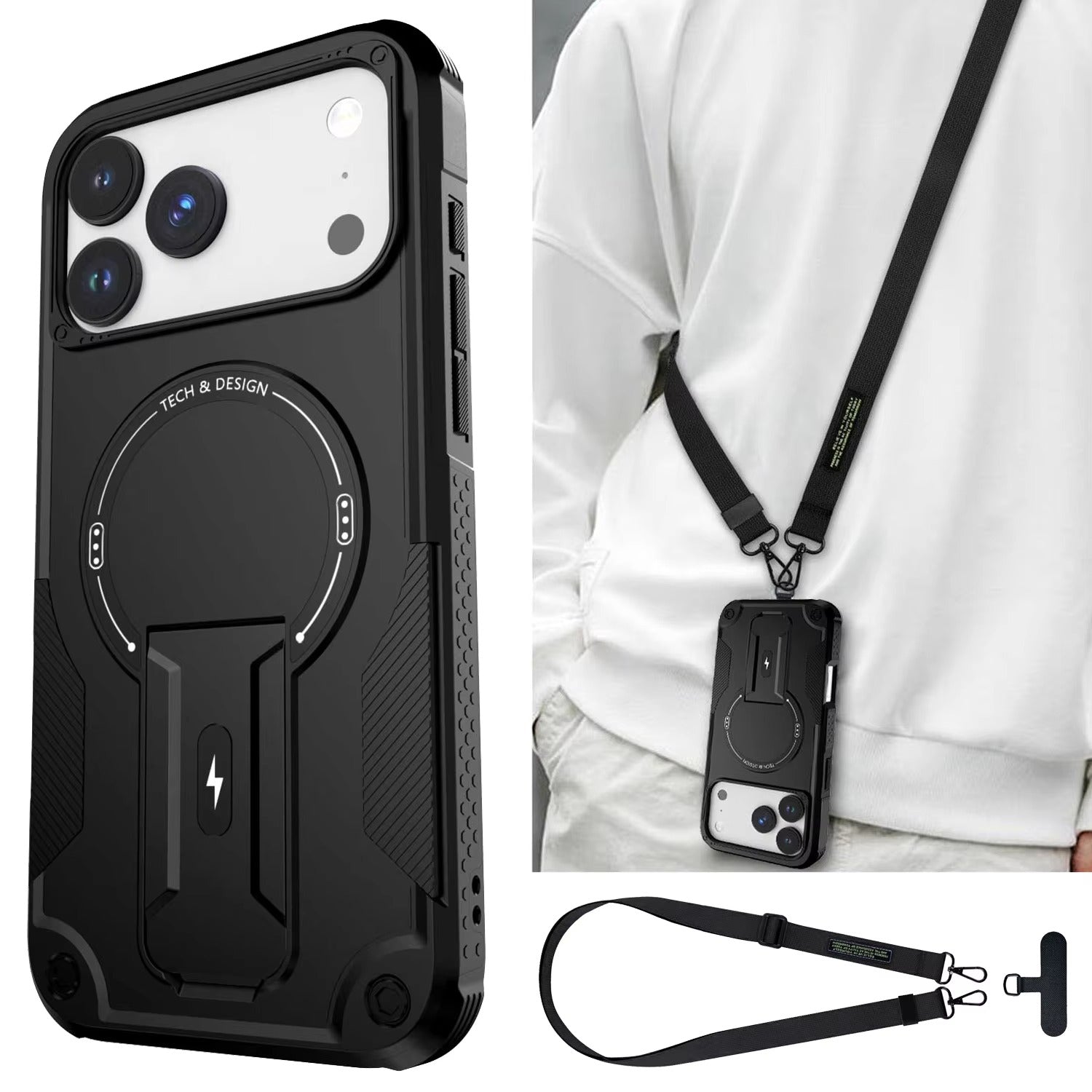 Rugged iPhone Case — Hybrid Shockproof Magnetic Cover with Kickstand, Adjustable Lanyard Strap and Dual-Layer Hard PC Protection