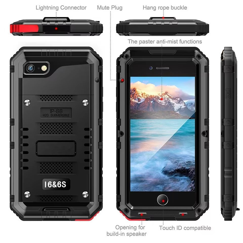 Rugged iPhone Case — IP68 Waterproof Aluminum Metal Armor Cover with Screen Protector, Heavy-Duty Shockproof Full-Body Protection and Underwater Photo Support