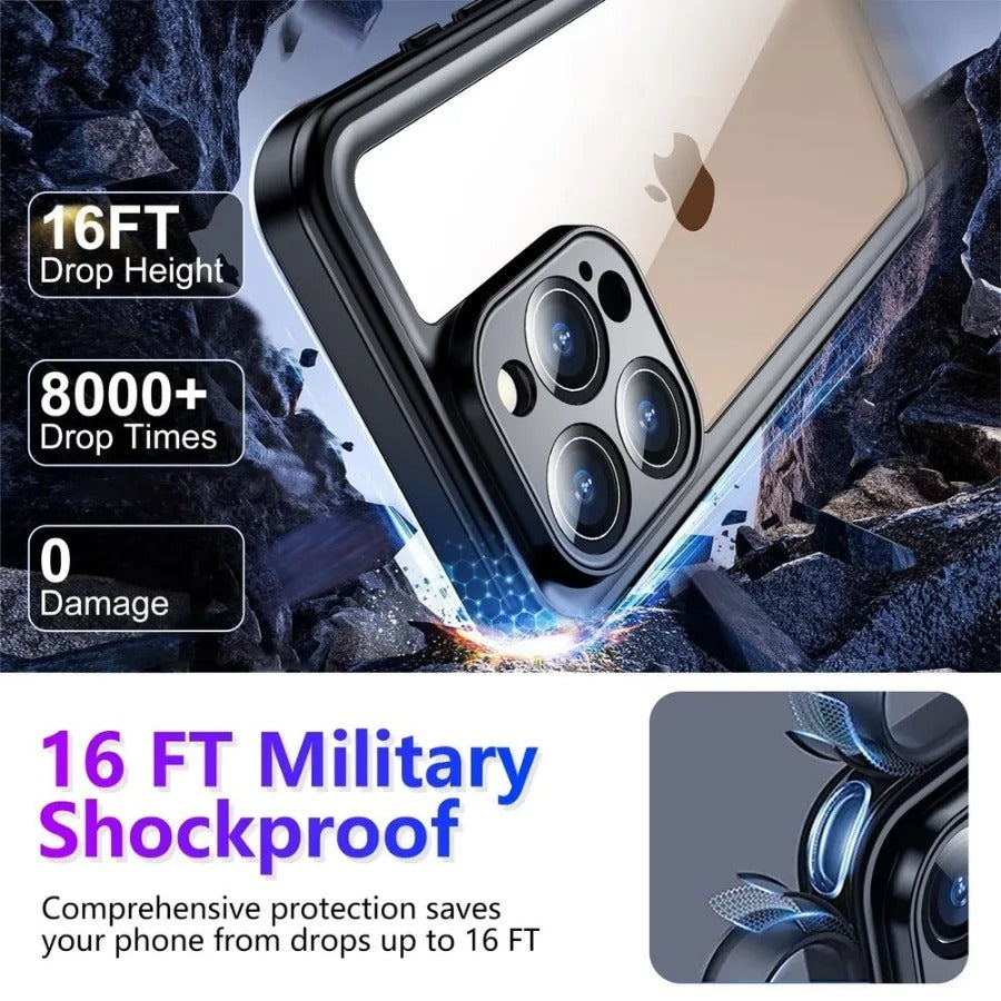 Rugged iPhone Case — IP68 Waterproof Full-Body Magnetic Cover with Built-In Screen Protector, Dual-Layer Drop Protection and 360° Dustproof Non-Slip Design