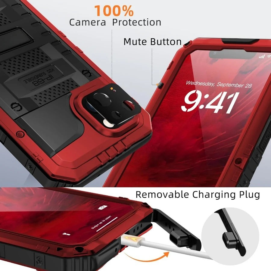 Rugged iPhone Case — IP68 Waterproof Metal Armor Cover with Full-Body Shockproof Protection, Screen Guard, Dustproof Heavy-Duty Design