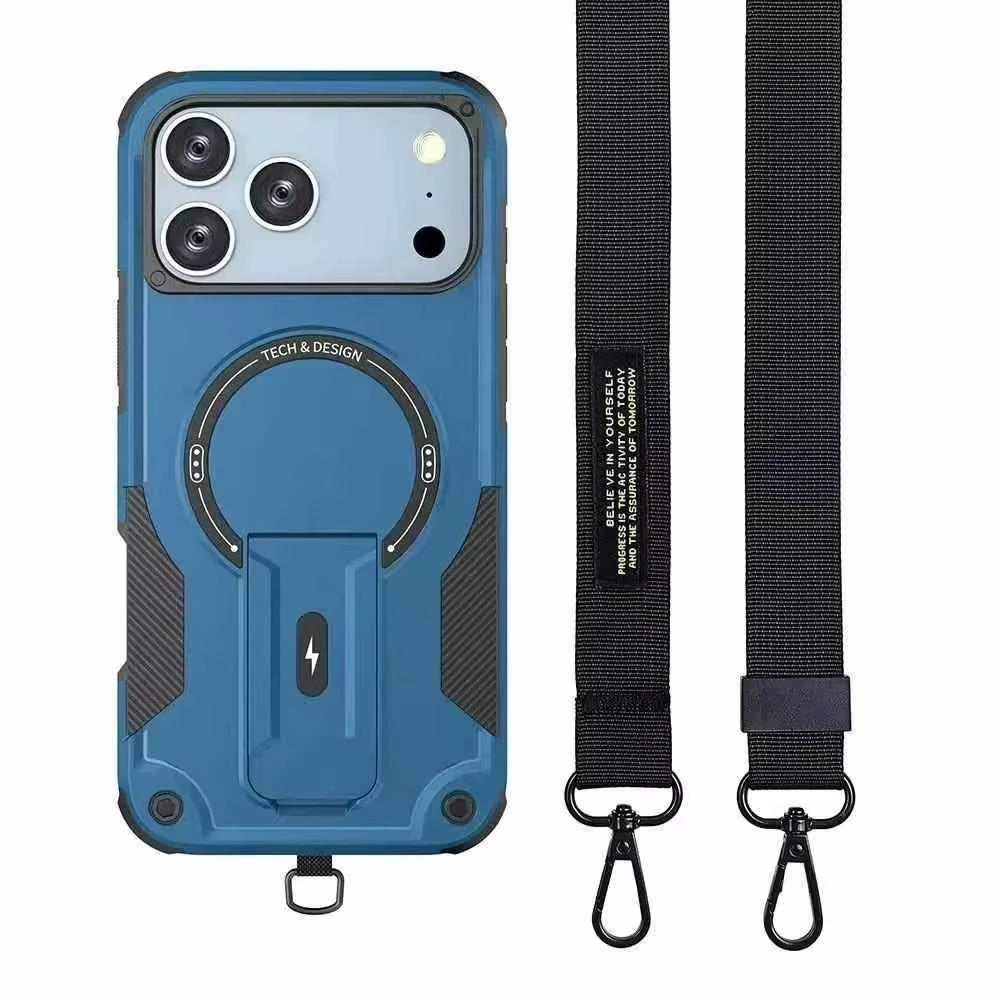 Rugged iPhone Case — MagSafe Shockproof PC+TPU Armor Cover with Magnetic Bracket Stand, Cross-Body Lanyard Support and Heavy Mechanical Design